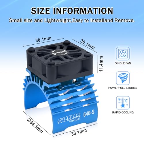 Surpass Hobby RC Cooling Fan,28000RPM Alluminum Motor Fan with Heatsink for RC Car 1/8 1/10 Scale 540 550 3650 3660 3670 Motor (Black Blue) - style: Blue-single Fan for 36mm Motor