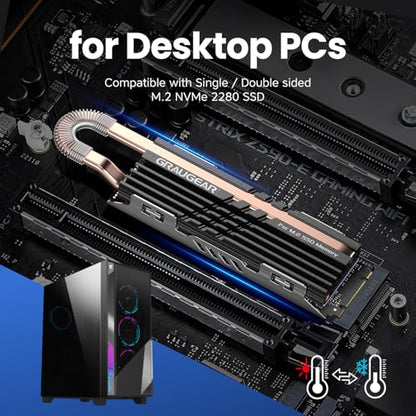 GRAUGEAR Heat Pipe Cooler for M.2 SSD Memory Extension, M.2 2280 NVMe SSD Heatsink, Pure Copper Heat Pipe, Premium Aluminum Plate-Fin Design, Thermally Conductive Graphite on Copper Foil