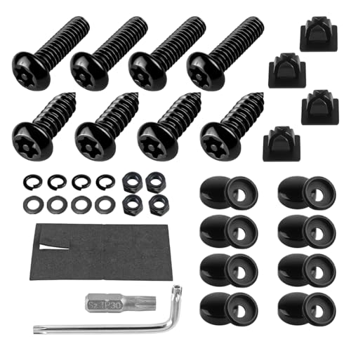 YALOK Anti Theft License Plate Screws Kits- Rustproof Stainless Steel Car Tag Plate Mounting Hardware, M6 (1/4") Tamper Proof Fastener Nut, Caps Cover for Front Rear Frame Holder Mounting（AT-Black/8）