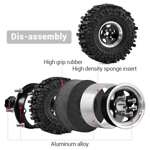 1.9" Pre-Assembled Beadlock Wheels and Tires 118mm (4.65in) for SCX10 TRX4 1/10 RC Crawlers – Aluminum Rims, Soft Rubber Tires with Foam Inserts, Easy-Install Upgrade Parts (Black) - color: Black