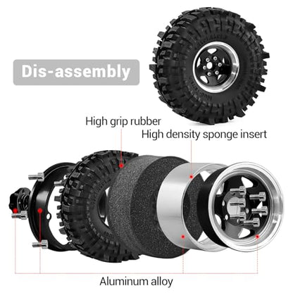1.9" Pre-Assembled Beadlock Wheels and Tires 118mm (4.65in) for SCX10 TRX4 1/10 RC Crawlers – Aluminum Rims, Soft Rubber Tires with Foam Inserts, Easy-Install Upgrade Parts (Black) - color: Black