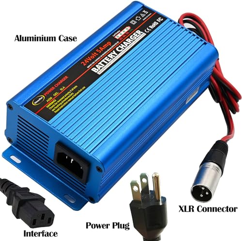 Unocho 24V 5A Battery Charger Maintainer 4-Stage Smart Lead-Acid Charger with 3-Pin XLR Connector Power Switch and LED Display for Wheelchairs Mobility Scooters AGM Gel SLA VRLA