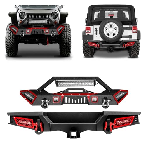JK Front and Rear Bumpers, AAIWA Compatible with 2007-2018 Wrangler JK and JK Unlimited, Built-in Light, Winch Plate, and D-rings Textured Black - size: 2007-2018 JK Bumper with LED lights