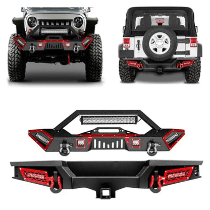 JK Front and Rear Bumpers, AAIWA Compatible with 2007-2018 Wrangler JK and JK Unlimited, Built-in Light, Winch Plate, and D-rings Textured Black - size: 2007-2018 JK Bumper with LED lights