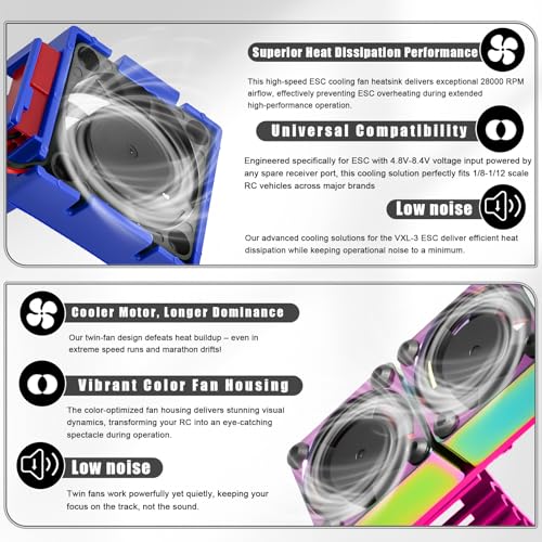 VXL-3s ESC Cooling Fan and Motor Cooling Fan 28000 RPM Dual Fan Set for 1/10 Traxxas Slash 4x4 Stampede 4x4 Rustler 4x4 VXL Hoss 4×4 Velineon VXL 3s Heat Sink Replace #3340, Purple & Blue - style: SRQ-Purple Blue