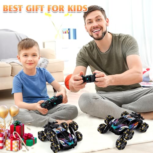 Cool 6-Wheel Gesture RC Stunt Car for Kids Ages 6-12 | Gesture & Remote Dual Control RC Car for Boys Girls, Double-Sided Stunt Vehicle with Lights, Music & Spray Function - color: Black