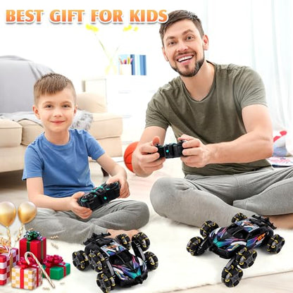 Cool 6-Wheel Gesture RC Stunt Car for Kids Ages 6-12 | Gesture & Remote Dual Control RC Car for Boys Girls, Double-Sided Stunt Vehicle with Lights, Music & Spray Function - color: Black