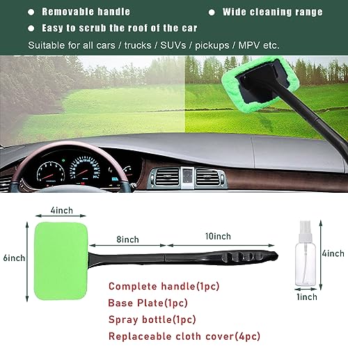 Augeny Car Windshield Cleaning Tool, Microfiber Window Cleaner Set with 4 Washable and Reusable Cloth Pad Head, Detachable & Unbreakable Handle and Spray Bottle, Universal Car Glass Cleaner Kit