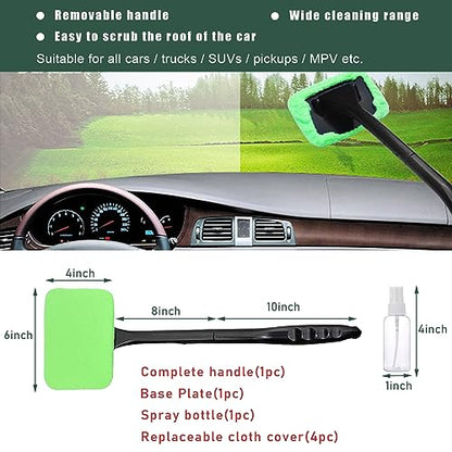 Augeny Car Windshield Cleaning Tool, Microfiber Window Cleaner Set with 4 Washable and Reusable Cloth Pad Head, Detachable & Unbreakable Handle and Spray Bottle, Universal Car Glass Cleaner Kit