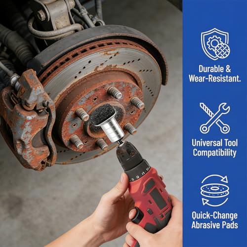 Car Wheel Hub Cleaning Tool, Brakewheel Lug Stud Rotor Rust Removal Disc with 5 Pads, 1 Adapter, Auto Brake Inner Rim Resurfacing Tool, Fits Power Drill or 1/2" Impact Driven Wrenches (Silver) - color: Silver