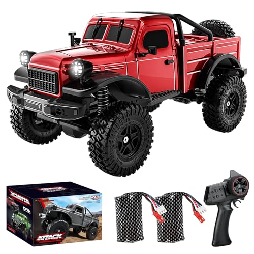 1:18 Scale All Terrain Remote Control Car, 2.4 GHz 4WD RC Rock Crawler with LED Lights, 12KPH Off-Road Pickup Truck Vehicle Toys RTR Gift for Adults - color: Red, size: 2 Battery