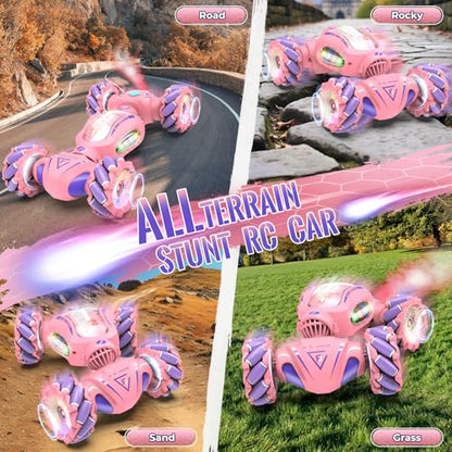 Fosgoit Pink Remote Control Car Toys Gifts for Girls 6-12 | with Light & Music & Spray, 2.4Ghz 4WD Double-Sided 360° Rotating Gesture Sensing RC Stunt Car, Birthday for Girls Kids - color: Pink
