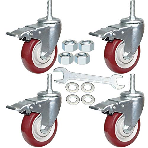4 Inch Swivel Stem Casters Heavy Duty American Size UNC 1/2"-13x1-1/2 Stem Thread Wheels 360 Degree Durable Wheels Dual Safety Locks Castors with 800 Lbs Capacity Pack of Four - color: Red, size: 4 Inch