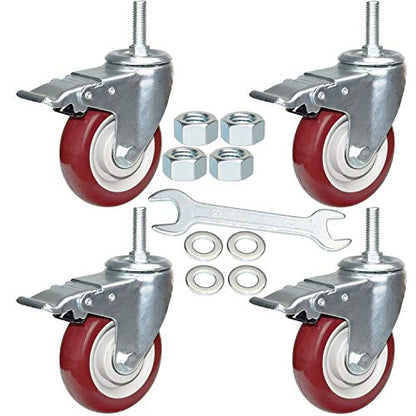 4 Inch Swivel Stem Casters Heavy Duty American Size UNC 1/2"-13x1-1/2 Stem Thread Wheels 360 Degree Durable Wheels Dual Safety Locks Castors with 800 Lbs Capacity Pack of Four - color: Red, size: 4 Inch