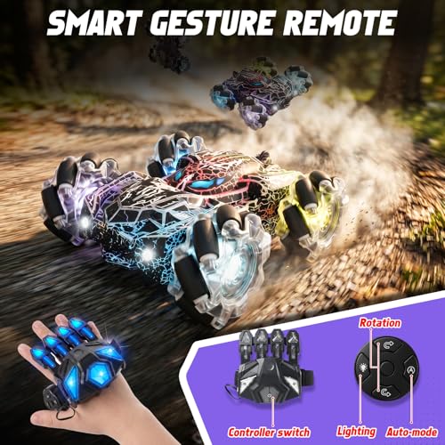 Spider Black Gesture Sensing Remote Control Car for Boy 3-12 | Double Sided RC Cars, Full-Body Light, 2.4GHz Hand Controlled, Rechargeable RC Stunt Car - color: Black
