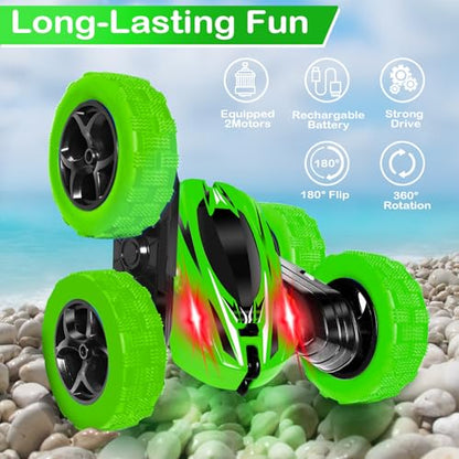 FREE TO FLY Remote Control Car for Boys 8-12: 2.4Ghz Electric Rechargeable Race Stunt Cars Double Sided 360 Rolling Rotating Rotation with Led Headlights - color: Green