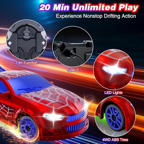 Mini RC Car 1:64 Scale, Remote Control Desktop Car for Kids & Adults | 2.4GHz Spider RC Drift Car with LED Lights & 2 Speeds, Includes 4 Obstacles, Hobby Gift for Boys, Red - color: Red