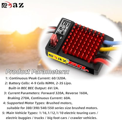 Brushed Power Combo 550 65T 3.175mm Motor 60/320A ESC BEC 6V/2A Splash-Proof for 1/10 RC Crawler Car Trx4 Trx6 Axial SCX10 II III Redcat Gen7 Gen8 V2 RC4WD D90,Slow Car(65T)