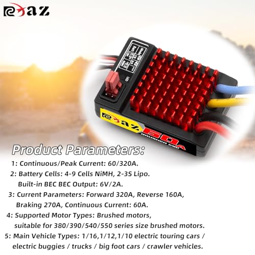Brushed Power Combo 550 10T Motor 60/320A ESC BEC 6V/2A Splash-Proof for 1/10 RC Car Truck Buggy Short Course Slash ARRMA Granite Senton Axial Redcat HSP HPI Wltoys Kyosho,High-Speed Car