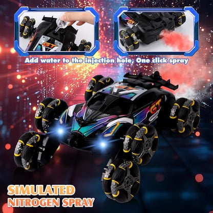 Cool 6-Wheel Gesture RC Stunt Car for Kids Ages 6-12 | Gesture & Remote Dual Control RC Car for Boys Girls, Double-Sided Stunt Vehicle with Lights, Music & Spray Function - color: Black