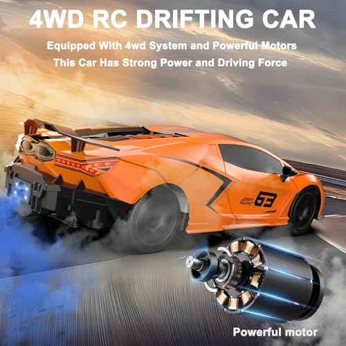 Remote Control Car RC Drift Car 1:16 Scale 4WD 18KM/H High Speed Model Vehicle 2.4GHz with LED Lights Spray Rubber Tire Racing Sport Toy for Adults Boys Girls Kids Gift 2Pcs Rechargeable Batteries - color: Orange