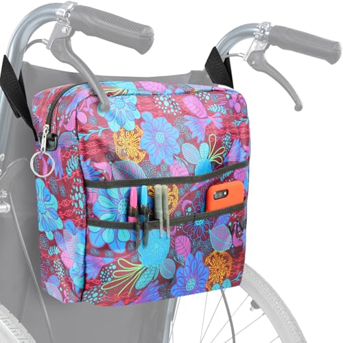 Vive Wheelchair Bag - Machine Washable, Double-Stitched, Water-Resistant Accessory Backpack for Rollators, Wheel Chairs, Walkers - Pouch with XL Pockets & Straps for Quick Installation - color: Purple Floral