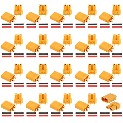 Frienda 20 Pairs XT30 Connectors Male and Female Connectors Plugs Set, Rc Lipo Battery Connector Kit with Heat Shrink Tubing Nylon Gold-Plated Bullet for Frv Drone, Rc Car, Boat, Esc