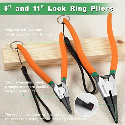 2 PCS Heavy Duty Lock Ring Pliers Set Flat Snap Ring 8'' & 11'' Special Circlip Reverse Angle Tip Retaining Ring Spreader for Transmission Transfer Cases Black,chrome - size: 8" & 11" with Ring & Rope