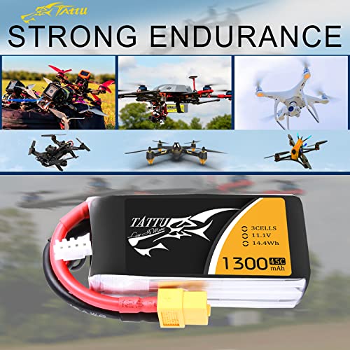 TATTU 3S 11.1V 1300mAh 45C LiPo Battery Pack with XT60 Plug for Eachine Wizard X220 QAV250 QAV180 210 Vortex 285 Mini H FLIP FPV 250S Emax Nighthawk 250 ZMR 250 HOVERSHIP MHQ2 - size: 1 Pcs