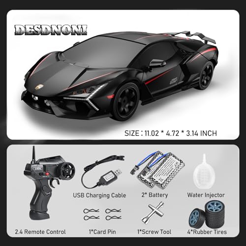 Remote Control Car RC Drift Car 1:16 Scale 4WD 18KM/H High Speed Model Vehicle 2.4GHz with LED Lights Spray Rubber Tire Racing Sport Toy for Adults Boys Girls Kids Gift 2Pcs Rechargeable Batteries - color: Black-2