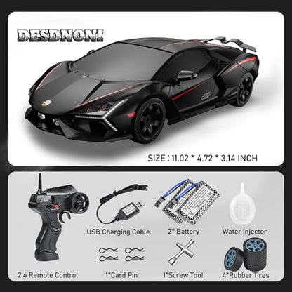 Remote Control Car RC Drift Car 1:16 Scale 4WD 18KM/H High Speed Model Vehicle 2.4GHz with LED Lights Spray Rubber Tire Racing Sport Toy for Adults Boys Girls Kids Gift 2Pcs Rechargeable Batteries - color: Black-2