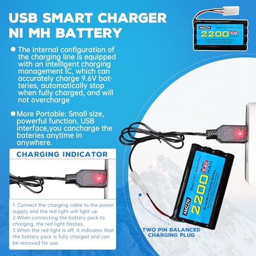 9.6V 2200mAh AA NiMH Battery with Tamiya Plug and USB Charging Cable for RC Toy Cars, Trucks, Tanks, Engineering Vehicles, RC Ships, Rechargeable Battery Accessories (1PCS Battery+1 USB)
