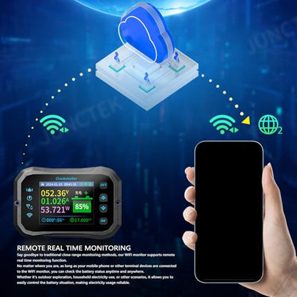 WiF Battery Monitor with Shunt, Remote Monitoring 2.4 Inch HD Screen, Multiple Parameter Measurements, Built in Reminder, Wide Battery Compatibility