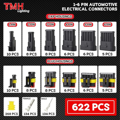 TMH 622 Pcs 1/2/3/4/5/6 Pin Electrical Connector Kit 22-16 AWG, Automotive Electrical Wire Terminal Connectors Male&Female Pin Automotive for Car Truck Motorcycle Marine Boat - size: 1/2/3/4/5/6 Pin (622 Pcs)