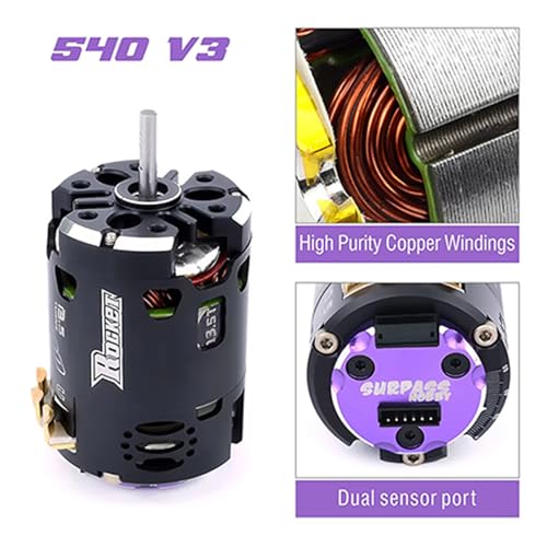 Surpass Hobby Rocket V3 540 13.5T Sensored Brushless Motor, 3200KV Competition RC Motor for 1/10 Drift Car, Touring Car and Racing Vehicles, Dual Sensor Ports, Adjustable Timing