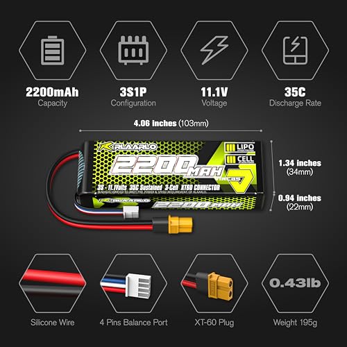 RIAARIO 3s Lipo Battery 35C 2200mAh 11.1V Lipo Battery with XT60 Connector for RC Car Truck Buggy Truggy Racing Hobby Models(1 Pack)