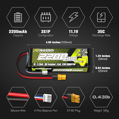 RIAARIO 3s Lipo Battery 35C 2200mAh 11.1V Lipo Battery with XT60 Connector for RC Car Truck Buggy Truggy Racing Hobby Models(1 Pack)