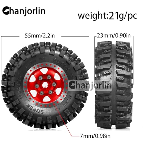 1/24 1/18 RC Crawler Tires and Beadlock Wheels Rims Offset -2.5mm 1.0 Super Soft Sticky Mud Terrain Rock Tyres OD 55mm for 1:24 1:18 Car Axial SCX24 FMS AX24 FCX18 FCX24 TRX4M 4Pcs (Red) - color: Red