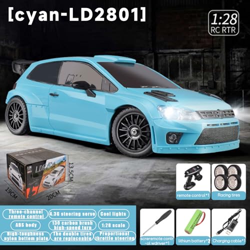 LDRC 2801 1/28 Mini RC Drift Car GTR 2.4GHz 4WD RTR with 4PCS Drift Tires Racing Radio Control Cars (Blue2) - color: Blue2