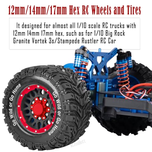 RC Truck Tires Wheel for 1/10 Big Rock Granite Vortek 3s / Stampede Rustler RC Car,4-Pack RC Wheels Tires,Black-Red - color: Black-red- (Rc Tires Wheel)