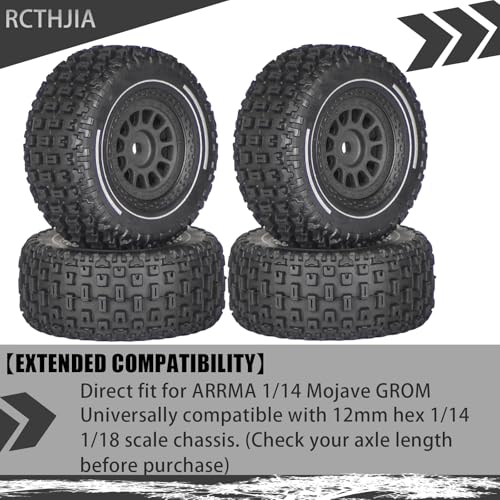 Pre-Glued 1/14 RC Truck Tires & Wheels (4PCS) - 12mm Hex All-Terrain Tires 2.56" OD - for Traxxas, ARRMA Mojave GROM,MJX Hyper Go 14301 14302 14303,Tamiya Kyosho HPI 1/14-1/18 Scale On/Off Road - color: Black