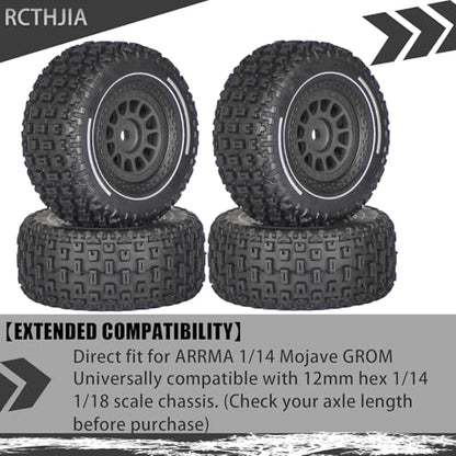 Pre-Glued 1/14 RC Truck Tires & Wheels (4PCS) - 12mm Hex All-Terrain Tires 2.56" OD - for Traxxas, ARRMA Mojave GROM,MJX Hyper Go 14301 14302 14303,Tamiya Kyosho HPI 1/14-1/18 Scale On/Off Road - color: Black