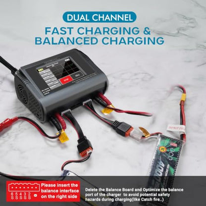 H200X2 Dual Lipo Battery Charger Touch Screen AC 200W / DC 400W 12A Smart Balance Charger for 1-6S LiPo Li-ion Life HV & 1-15S NiMH NiCd RC Car Drone Airplane Boat