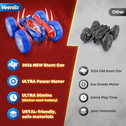 Veeniix Spider Remote Control Stunt Car 360 Flipping 4WD LED Light Blue | Dual batteries 60 mins play,color changing wheels,backyard racing,kids 8-12,rubber tires - color: Blue