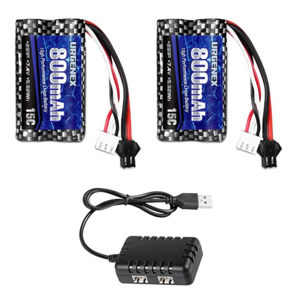 Airsoft Battery 7.4V 800mAh with SM-2P Plug 2S RC Li-ion Battery Compatible with Anstoy Gel Blaster Gun WPL MN BEZGAR RC Car Boats and Most 1/16, 1/18, 1/24 RC Trucks