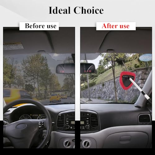 Windshield Cleaning Tool, Car Window Cleaner, Windshield Cleaner with 4 Washable Reusable Microfiber Pads and Extendable Handle, Auto Glass Wiper Cleaning Kit Universal for Car (Red) - color: Red