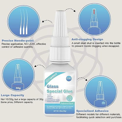Glass Glue, 30g, Instant Strong Bond for Glass, Acrylic, Waterproof, Dries Clear, Quick Curing, Ideal for Craft, Jewelry, Rhinestone, Crystal, Mirror, Glasses | Acrylic Super Glue for Bonding Glass| Clear Adhesive Glue Repair for Craft, Jewelry, Rhineston