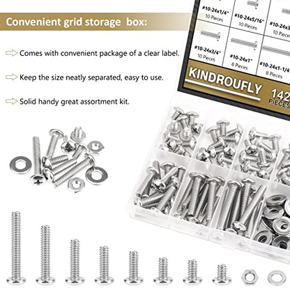 142 Pieces #10-24x 1/4", 5/16", 3/8", 1/2", 5/8", 3/4", 1", 1-1/4", Phillips Pan Head Machine Screws Nuts Washers Assortment Kit, 304 Stainless Steel, Fully Machine Thread - size: #10-24