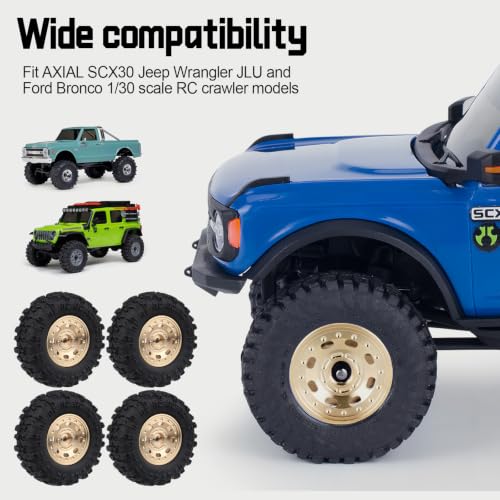 HobbyPark Brass Wheels and Tires for 1/30 Axial SCX30 Upgrades RC Crawler Parts 33x14mm 0.7" Tire with Foam Inserts, Set of 4 (Gold-8 Holes Rims) - color: Gold-8 Holes Rims