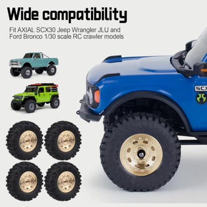 HobbyPark Brass Wheels and Tires for 1/30 Axial SCX30 Upgrades RC Crawler Parts 33x14mm 0.7" Tire with Foam Inserts, Set of 4 (Gold-8 Holes Rims) - color: Gold-8 Holes Rims